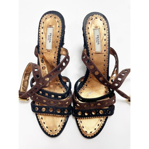 Prada Brown & Black Cutout Leather Woven Wedge Sandals Size 40 - Picture 6 of 10